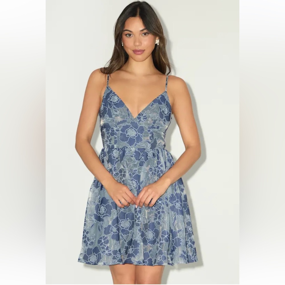 Lulus Floral Feelings Floral Jacquard Babydoll Mini Dress XL NWT